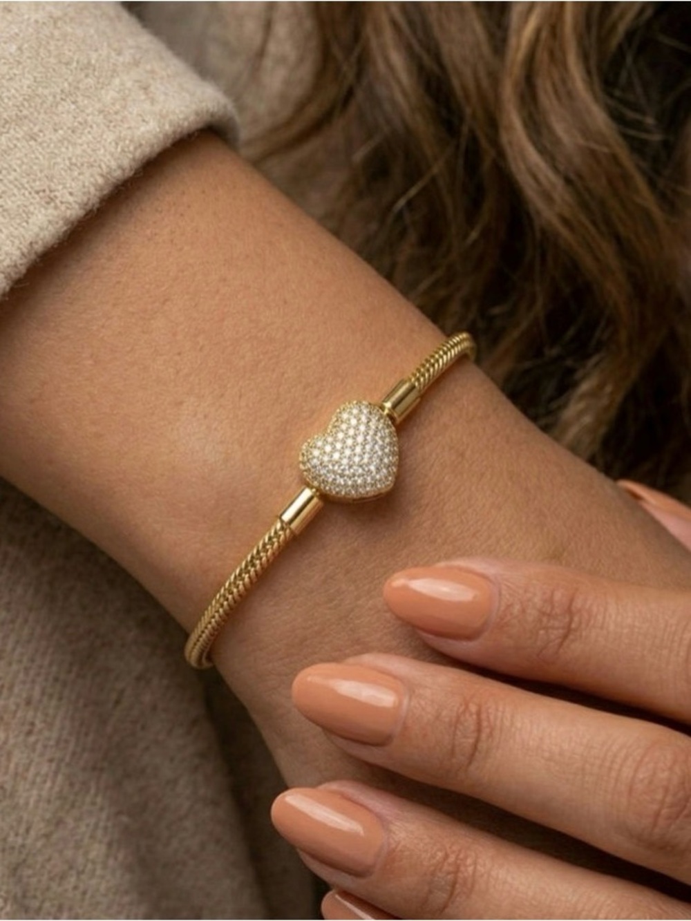 Linx Yellow Gold Snake Chain Charm Bracelet with Paved Heart Clasp